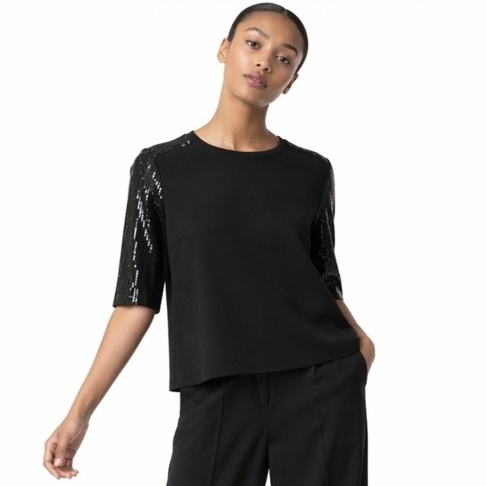 89th & Madison Womens Black Sequin Sleeve Blouse Size PS‎ Elegant Capsule Chic